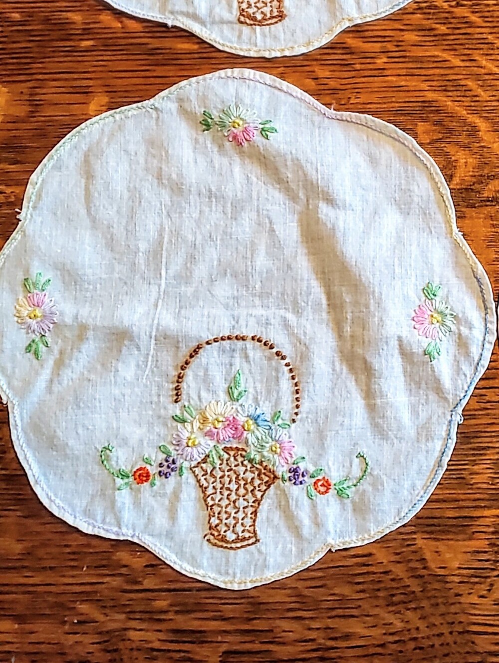 Vintage Hand Embroidered Doilies Set Of 4 Flower Baskets